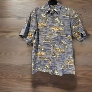Pierre Cardin Mens Medium Hawaiian Shirt Blue Gray Surfboard Car Palm Tree